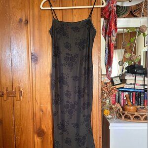 Black Floral Calf Length Dress - 90s Style Grunge size L